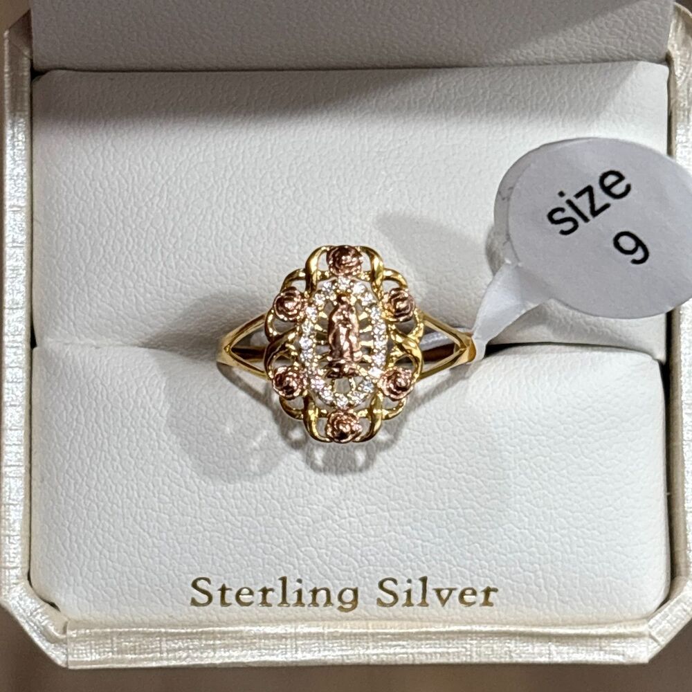 Virgin Mary Sterling Silver Ring Size 9 Gold Plated CZ Mothers Day NEW
